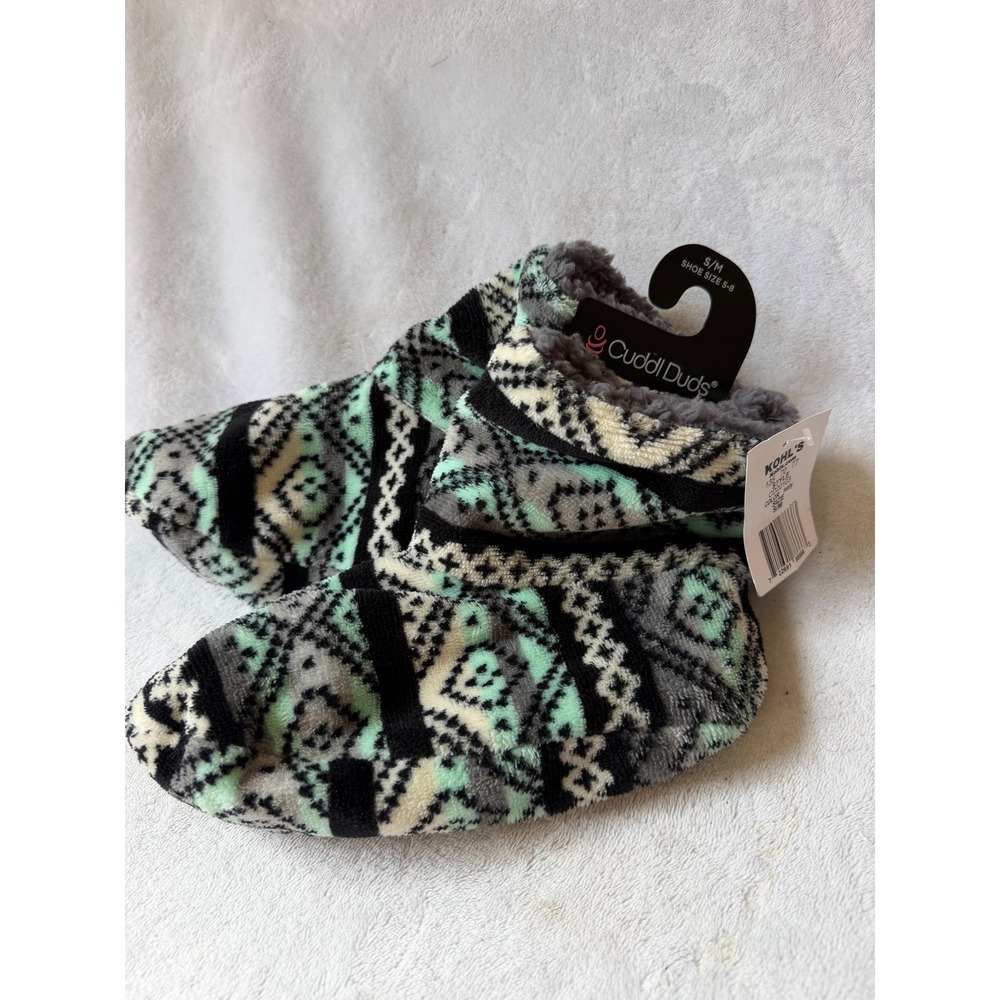 Cuddl Duds Slipper Socks Womens S/M Mint NEW Fair Isle Plush Gripper Bottom